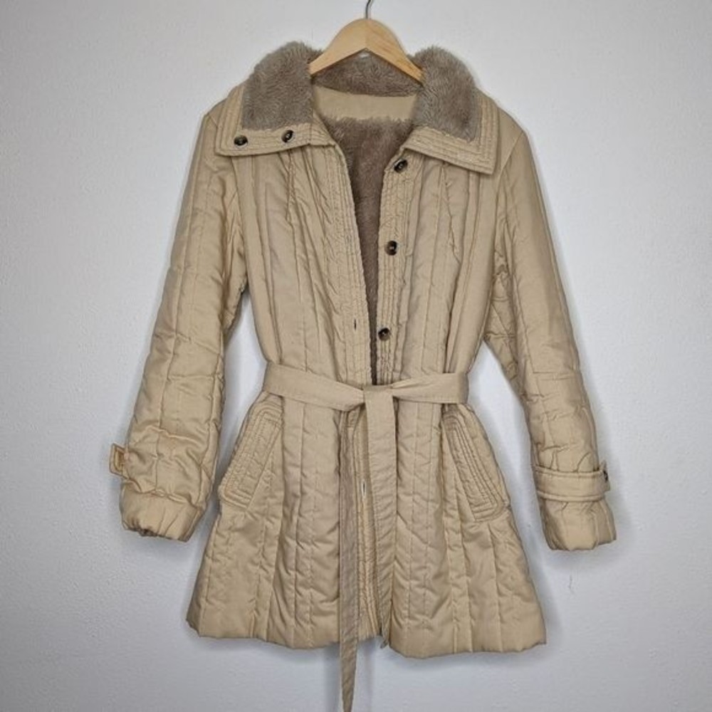 Vintage Channel Quilted Sherpa Lined Jacket Khaki Neutral - Picture 2 of 16